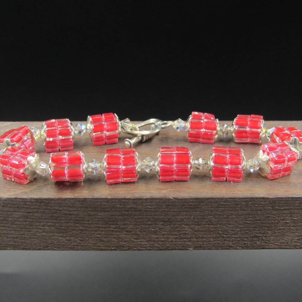 7" Sterling Silver Cut Square Strawberry Bracelet Vintage